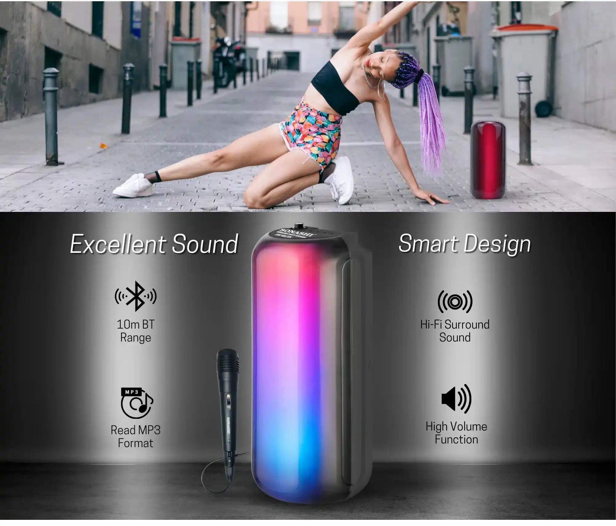 Sonashi Rechargeable Bluetooth Speaker – Hi-Fi Surround Sound, USB/TF Card Slot, FM Radio, 1800mAh Battery, 5W Output, 10m Wireless Range – Black | SBS-711N - Damoo