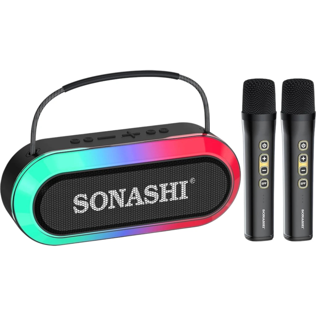 Sonashi Rechargeable Bluetooth Speaker with RGB Light & 2 Wireless Mics – 3000mAh Battery, USB/TF/AUX Support, 10M Range, Hi-Fi Sound – Ideal for Outdoor Parties - SBS-724 - Damoo