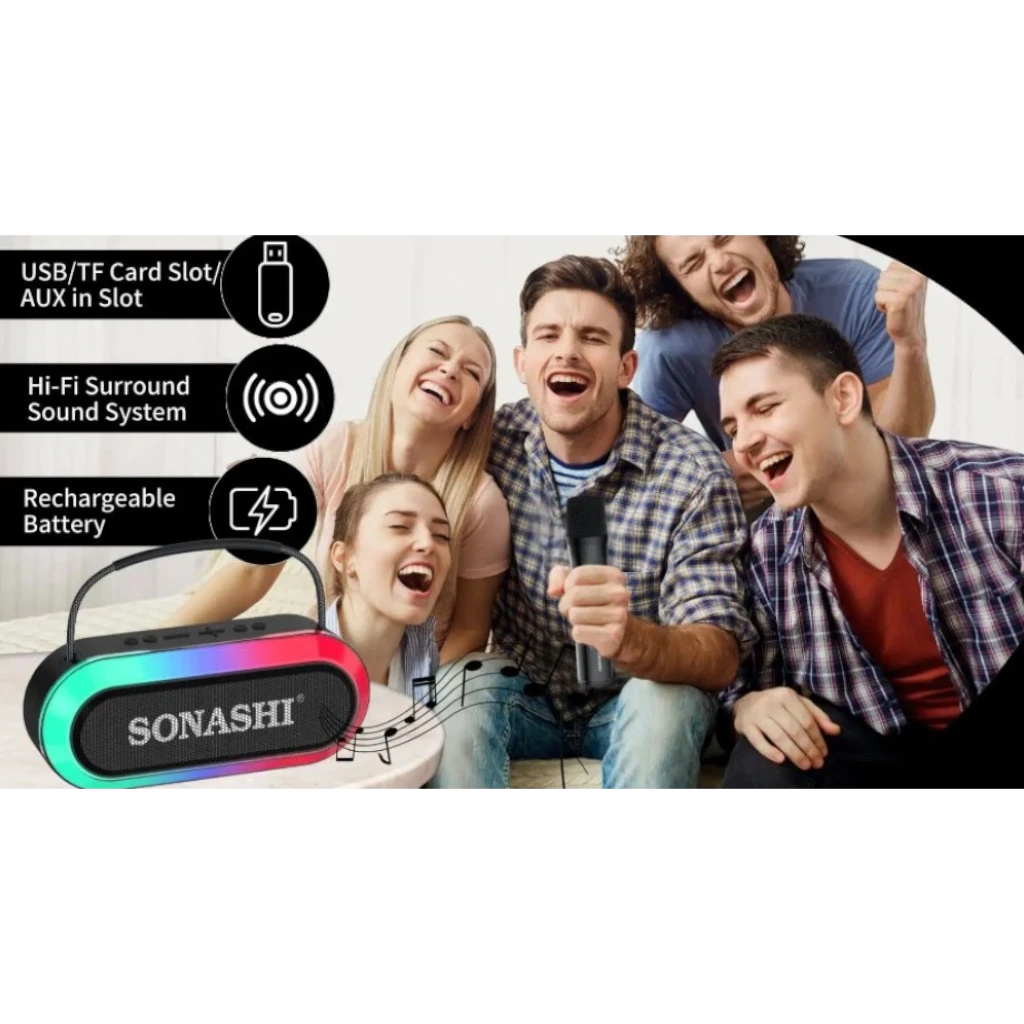 Sonashi Rechargeable Bluetooth Speaker with RGB Light & 2 Wireless Mics – 3000mAh Battery, USB/TF/AUX Support, 10M Range, Hi-Fi Sound – Ideal for Outdoor Parties - SBS-724 - Damoo