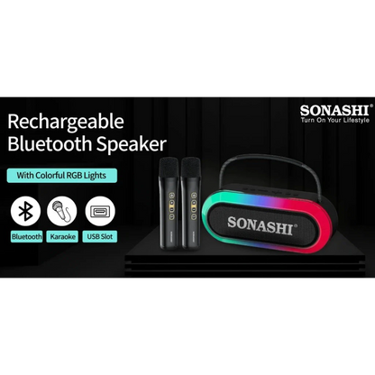 Sonashi Rechargeable Bluetooth Speaker with RGB Light & 2 Wireless Mics – 3000mAh Battery, USB/TF/AUX Support, 10M Range, Hi-Fi Sound – Ideal for Outdoor Parties - SBS-724 - Damoo