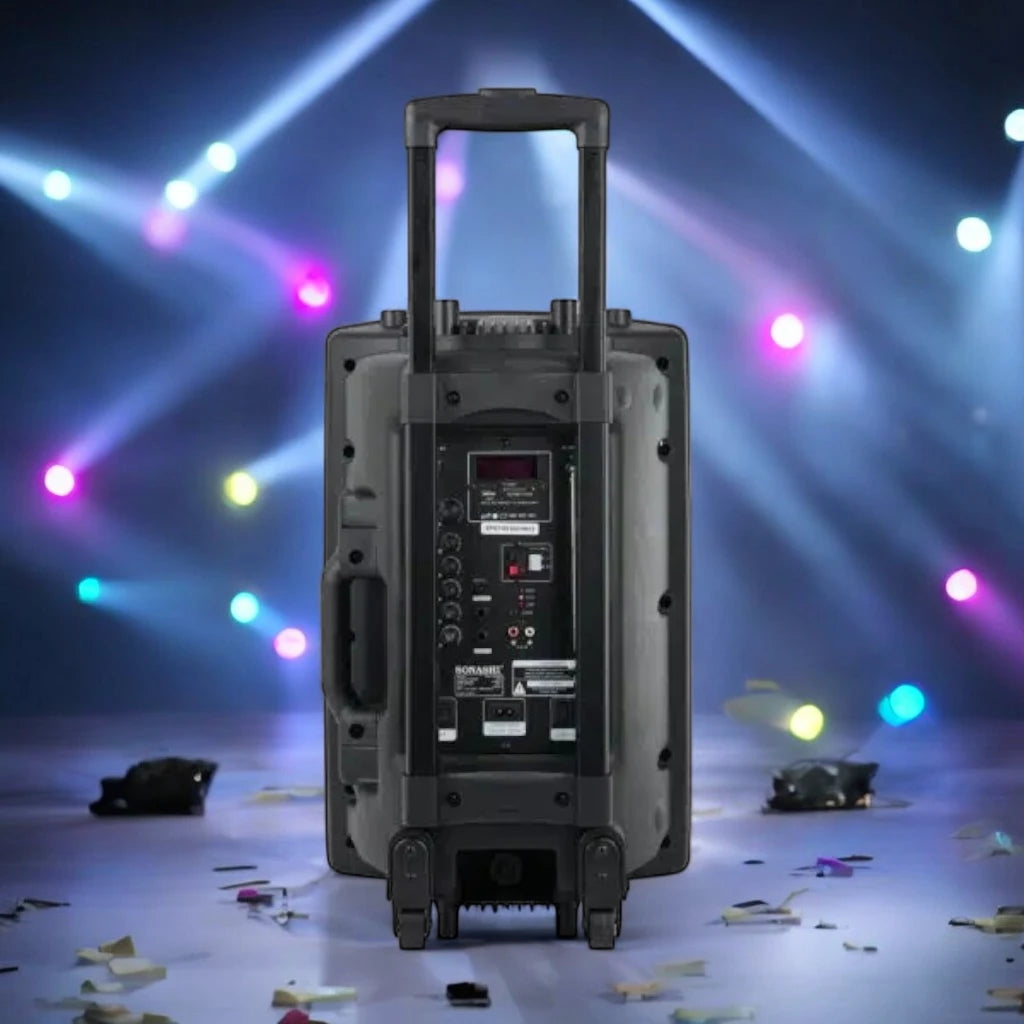 Sonashi Rechargeable Bluetooth Trolley Speaker – 12” Woofer, LED Display, Mic & Remote Control, FM Radio, SD/USB, Karaoke & Disco Lights - SPS-7812RT - Damoo
