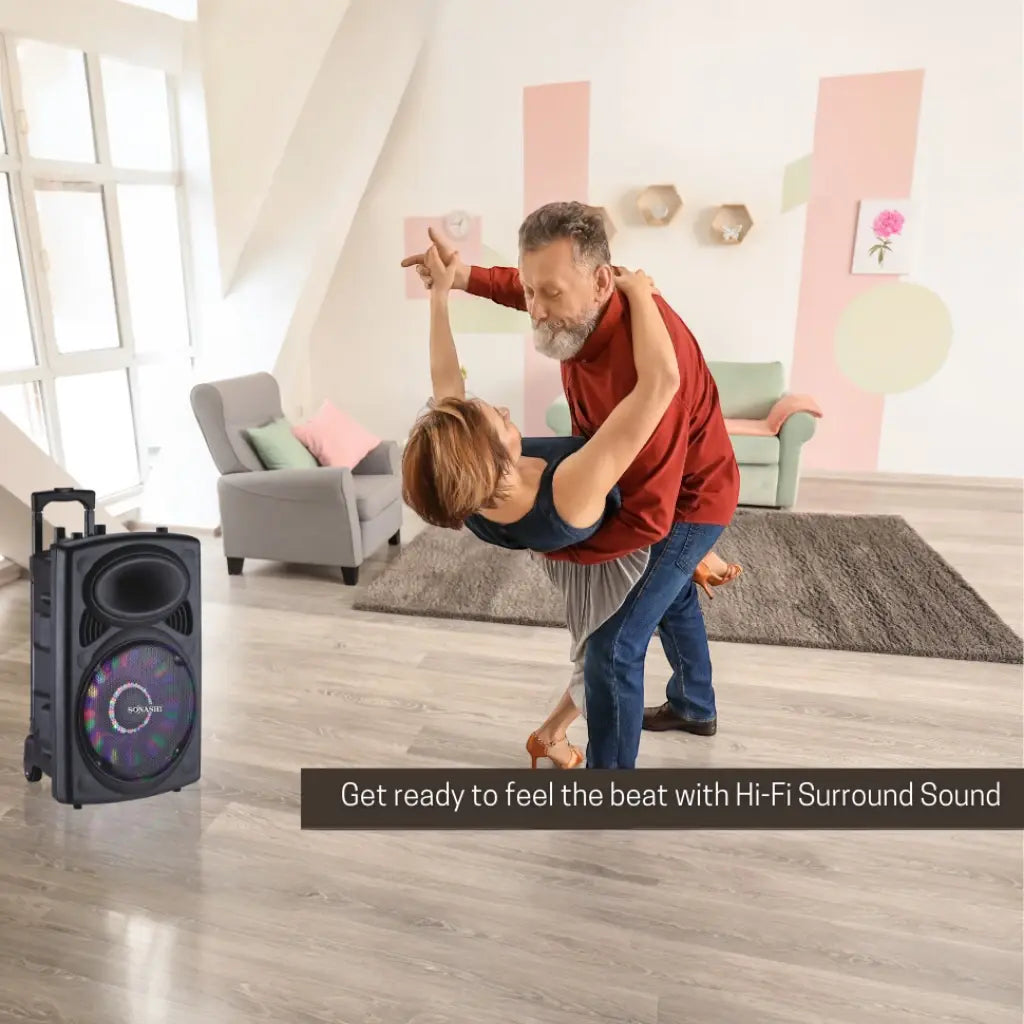 Sonashi Rechargeable Bluetooth Trolley Speaker – 12” Woofer, LED Display, Mic & Remote Control, FM Radio, SD/USB, Karaoke & Disco Lights - SPS-7812RT - Damoo