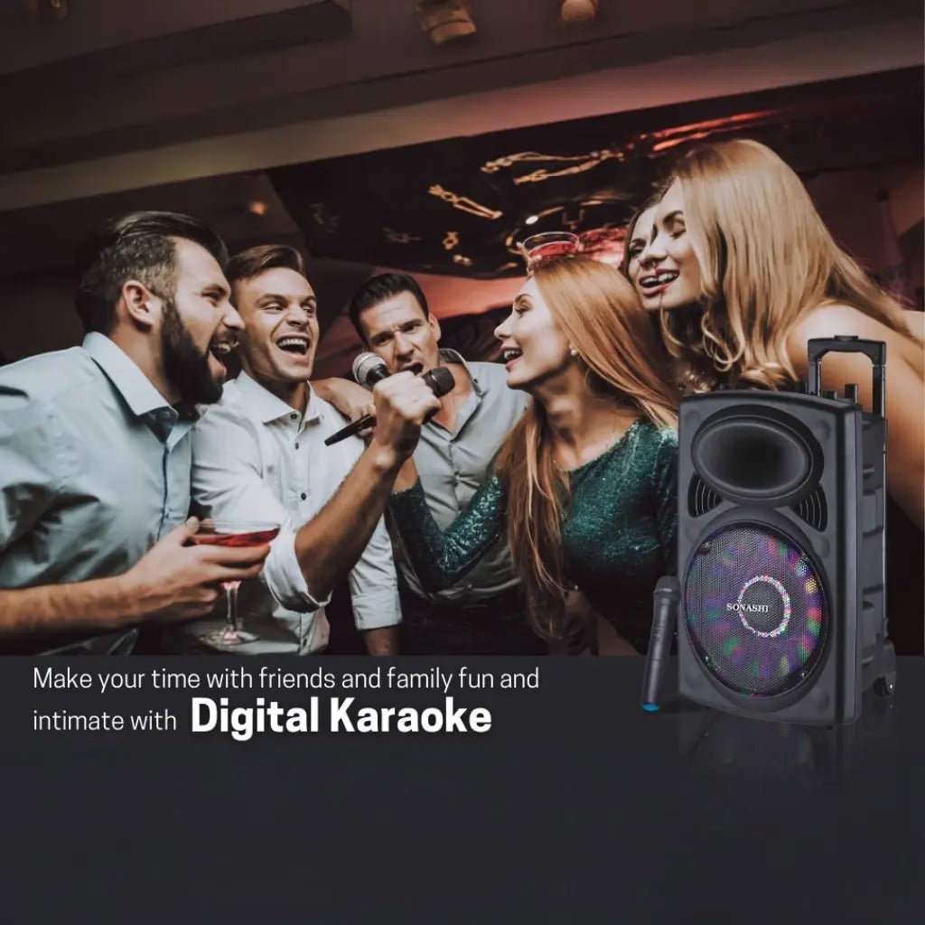 Sonashi Rechargeable Bluetooth Trolley Speaker – 12” Woofer, LED Display, Mic & Remote Control, FM Radio, SD/USB, Karaoke & Disco Lights - SPS-7812RT - Damoo