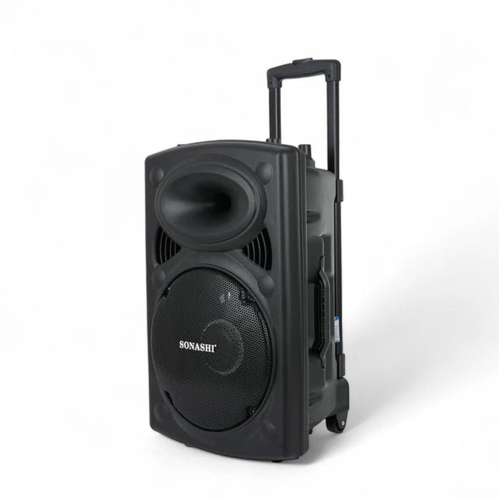 Sonashi Rechargeable Bluetooth Trolley Speaker – 12” Woofer, LED Display, Mic & Remote Control, FM Radio, SD/USB, Karaoke & Disco Lights - SPS-7812RT - Damoo