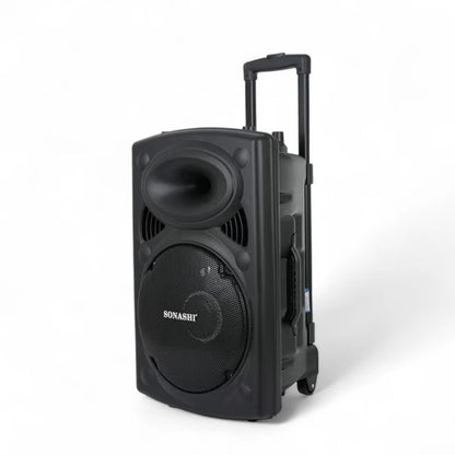 Sonashi Rechargeable Bluetooth Trolley Speaker – 12” Woofer, LED Display, Mic & Remote Control, FM Radio, SD/USB, Karaoke & Disco Lights - SPS-7812RT - Damoo
