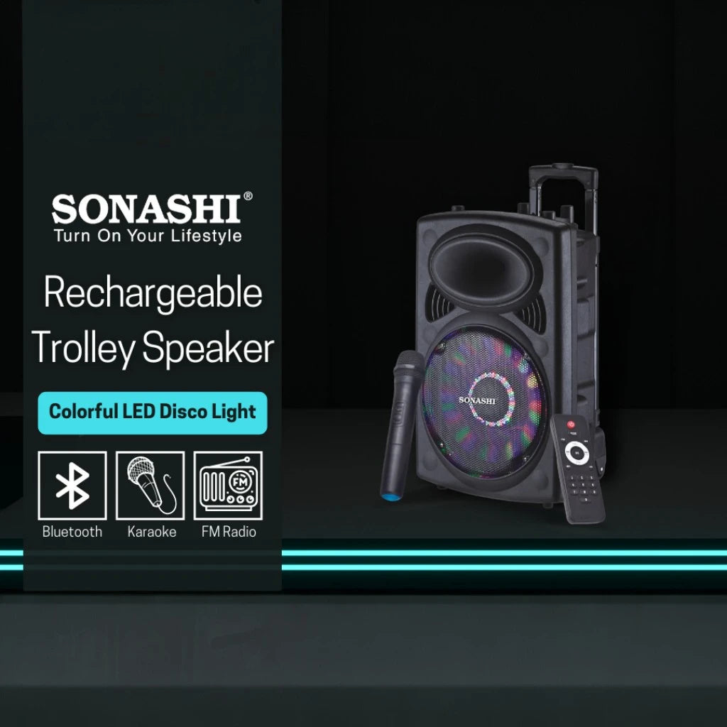 Sonashi Rechargeable Bluetooth Trolley Speaker – 12” Woofer, LED Display, Mic & Remote Control, FM Radio, SD/USB, Karaoke & Disco Lights - SPS-7812RT - Damoo