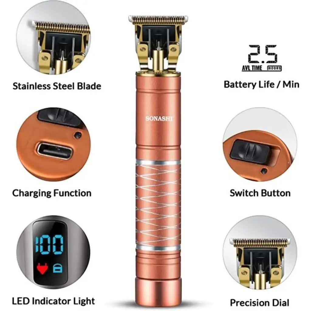 Sonashi Rechargeable Hair Clipper – Cordless Grooming Kit with 4 Guide Combs, USB Charger, Cleaning Brush & Oil | 2.5 Hours Runtime | Copper Finish -  SHC-1058 - Damoo