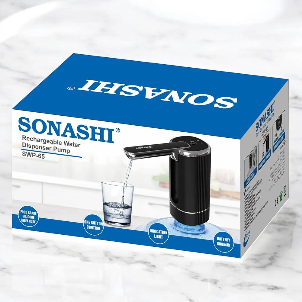 Sonashi Rechargeable Water Dispenser Pump SWP-65 – Foldable One-Touch Design, Food-Grade Silicone Hose, Type-C Charging, LED Indicator | Fits 1-5 Gallon Bottles | Black & Silver - Damoo