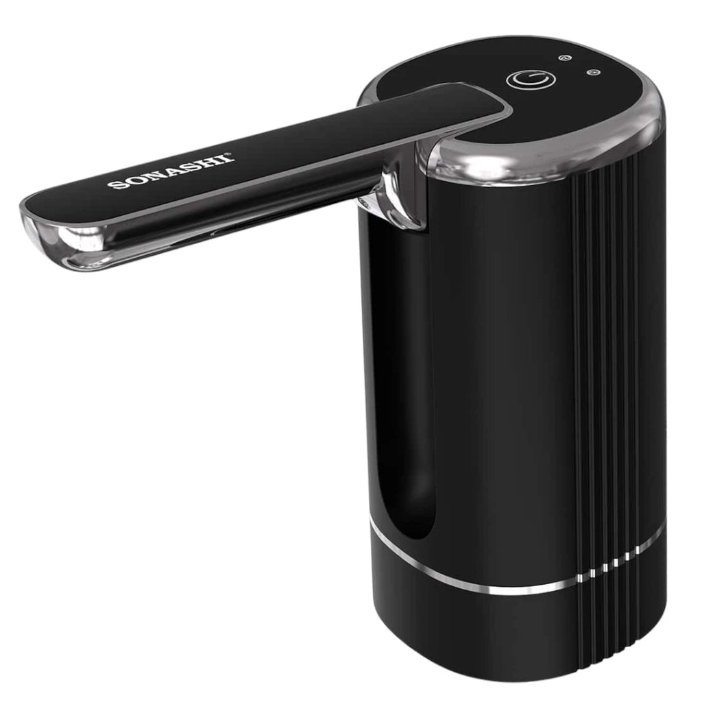 Sonashi Rechargeable Water Dispenser Pump SWP-65 – Foldable One-Touch Design, Food-Grade Silicone Hose, Type-C Charging, LED Indicator | Fits 1-5 Gallon Bottles | Black & Silver - Damoo