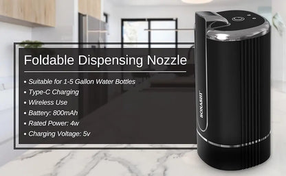 Sonashi Rechargeable Water Dispenser Pump SWP-65 – Foldable One-Touch Design, Food-Grade Silicone Hose, Type-C Charging, LED Indicator | Fits 1-5 Gallon Bottles | Black & Silver - Damoo