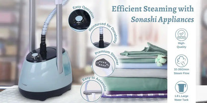 Sonashi SGS-325 Garment Steamer 1800W – Heavy-Duty Fabric Steamer with 1.8L Water Tank, Auto Shut-Off, Overheat Protection, Traditional Ironing Platform & Full Accessories for Home and Professional Use - Damoo