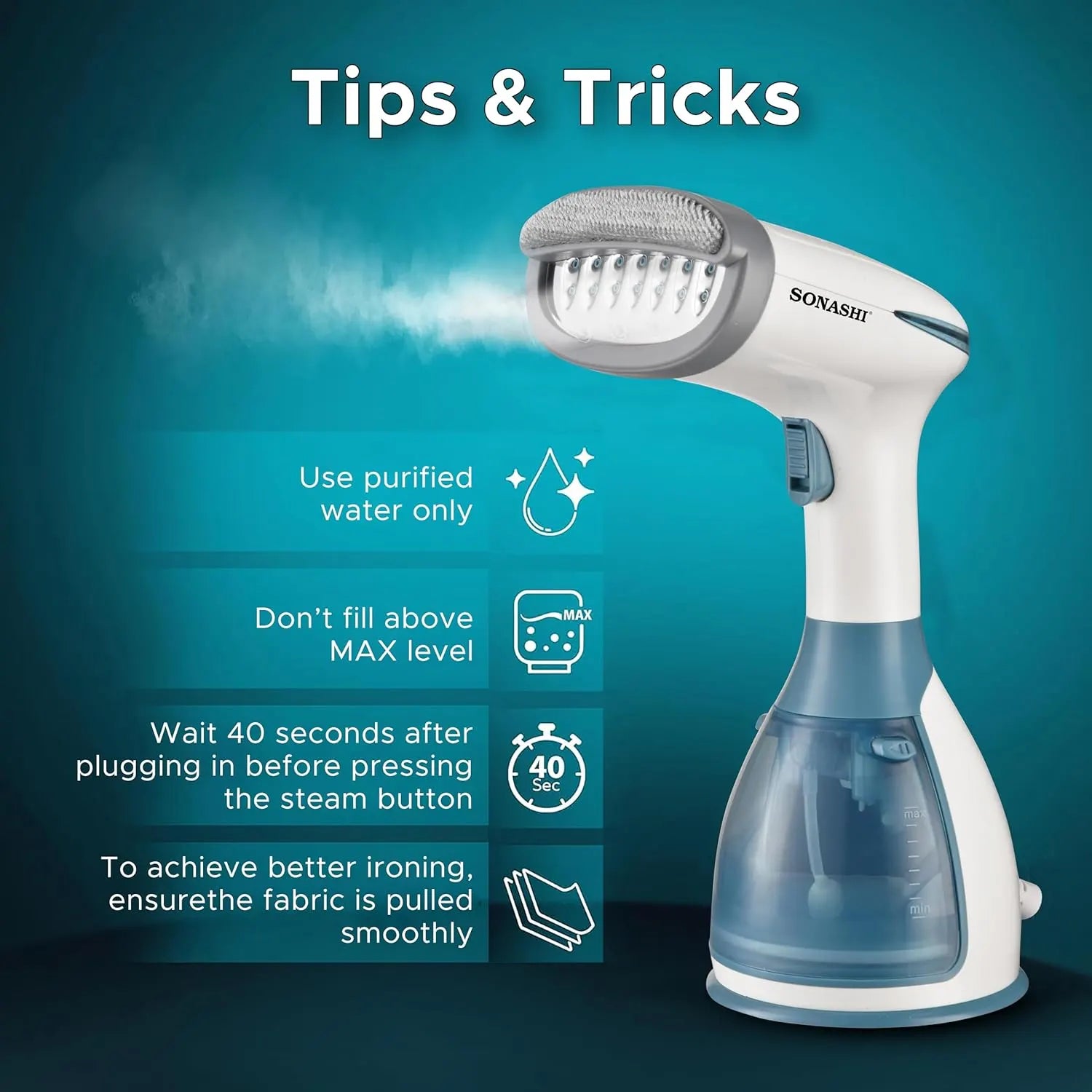 Sonashi SGS-327 Handheld Garment Steamer – 1500W Powerful Clothes Steamer with 280ml Detachable Tank, 25–30g/min Steam Rate & Stainless Steel Panel – Portable Fabric Steamer for Travel and Home - Damoo