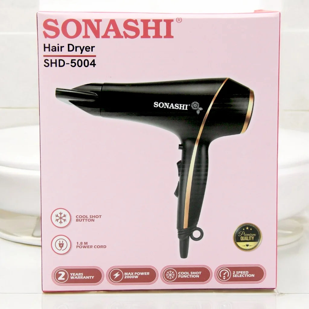 Sonashi SHD-5004 Hair Dryer 2000W with Cool & Hot Air, 3 Heat & 2 Speed Settings, Cool Shot, DC Motor, Overheat Protection, Removable Nozzle – Black - Damoo