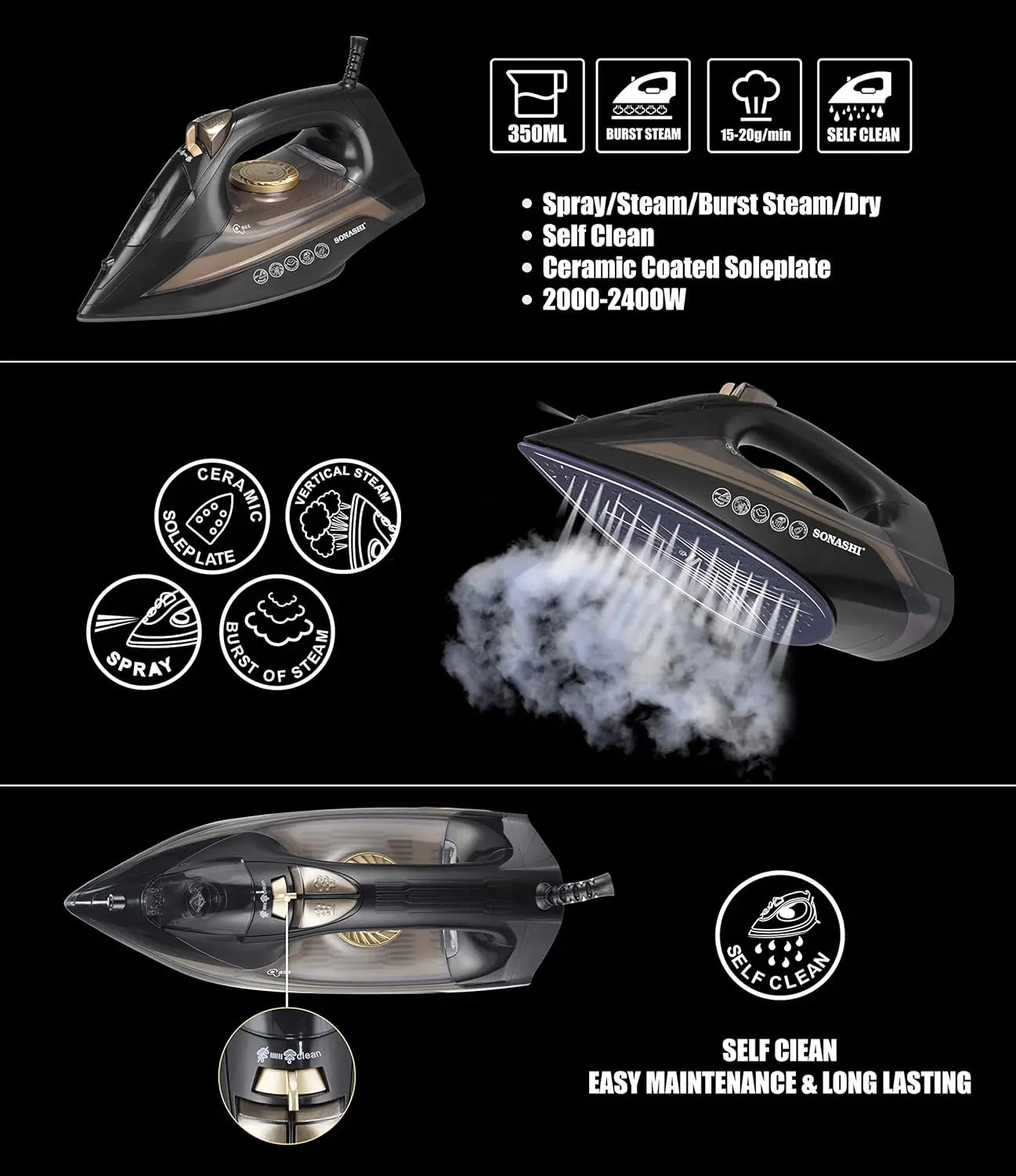 Sonashi Steam Iron SI-5074N – 2200W Ceramic Soleplate Iron with Steam Burst, Spray & Dry Modes, Thermostat Control & Self-Clean Function – Lightweight Iron for Fast, Wrinkle-Free Results - Damoo