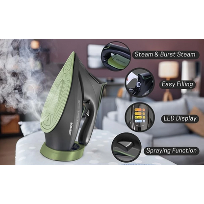 Sonashi Steam Iron with Ceramic Coated Soleplate, 3000W , LED Touch Display, Steam/Burst/Spray/Dry Iron Modes, Self-Clean, Anti-Drip, Anti-Calc & Auto Shut-Off – SI-5088C – Green/Black - Damoo