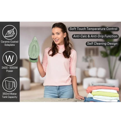 Sonashi Steam Iron with Ceramic Coated Soleplate, 3000W , LED Touch Display, Steam/Burst/Spray/Dry Iron Modes, Self-Clean, Anti-Drip, Anti-Calc & Auto Shut-Off – SI-5088C – Green/Black - Damoo