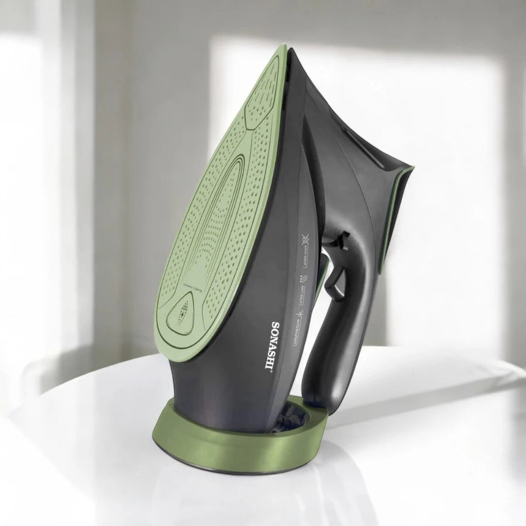 Sonashi Steam Iron with Ceramic Coated Soleplate, 3000W , LED Touch Display, Steam/Burst/Spray/Dry Iron Modes, Self-Clean, Anti-Drip, Anti-Calc & Auto Shut-Off – SI-5088C – Green/Black - Damoo