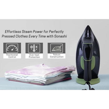 Sonashi Steam Iron with Ceramic Coated Soleplate, 3000W , LED Touch Display, Steam/Burst/Spray/Dry Iron Modes, Self-Clean, Anti-Drip, Anti-Calc & Auto Shut-Off – SI-5088C – Green/Black - Damoo