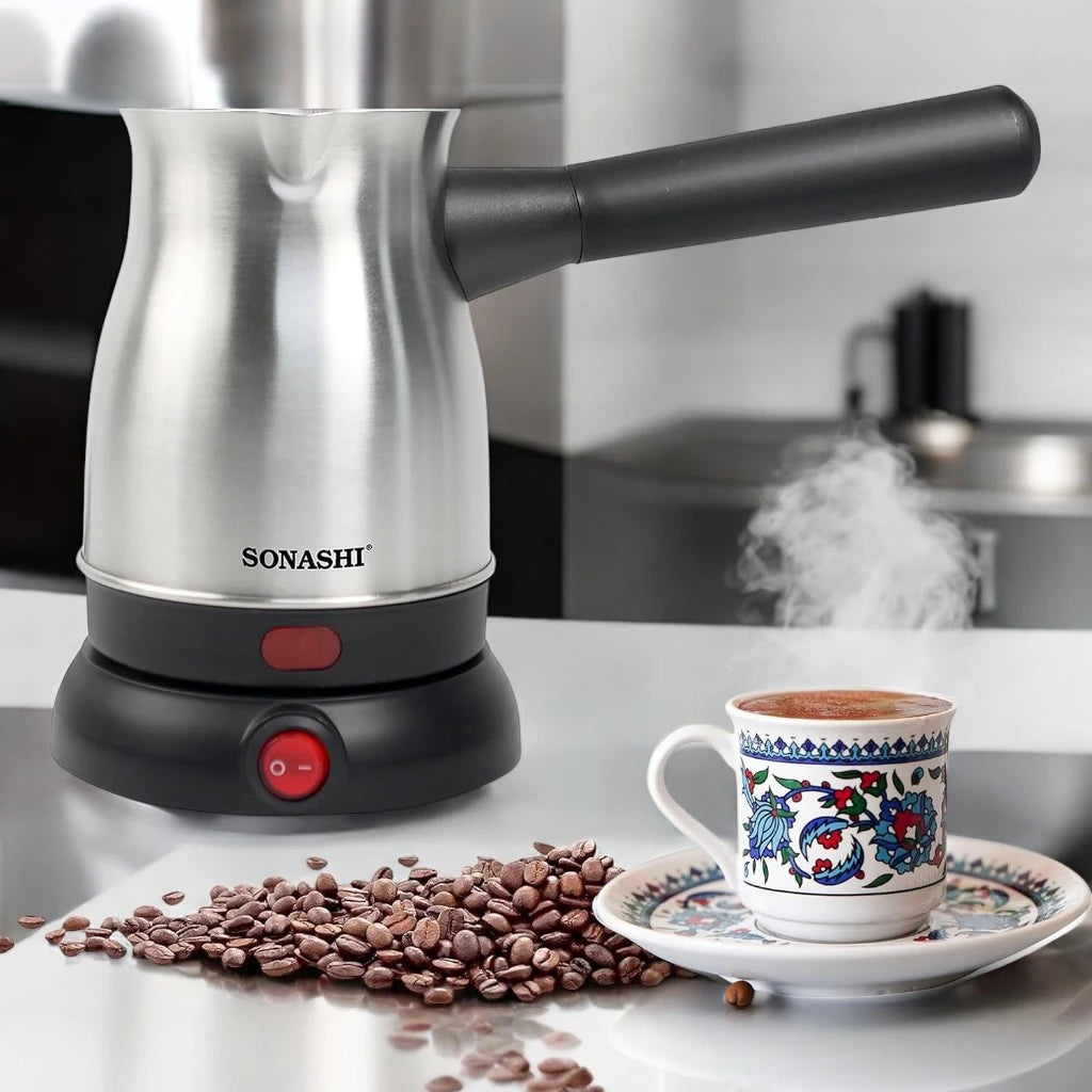 Sonashi Turkish Coffee Maker – 800ml Stainless Steel Pot, 360° Cordless Base, Detachable Handle, Auto Shut-Off, Boil-Dry Protection - STCM-4972 - Damoo
