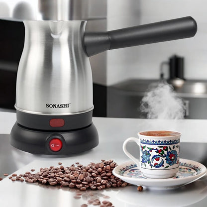 Sonashi Turkish Coffee Maker – 800ml Stainless Steel Pot, 360° Cordless Base, Detachable Handle, Auto Shut-Off, Boil-Dry Protection - STCM-4972 - Damoo