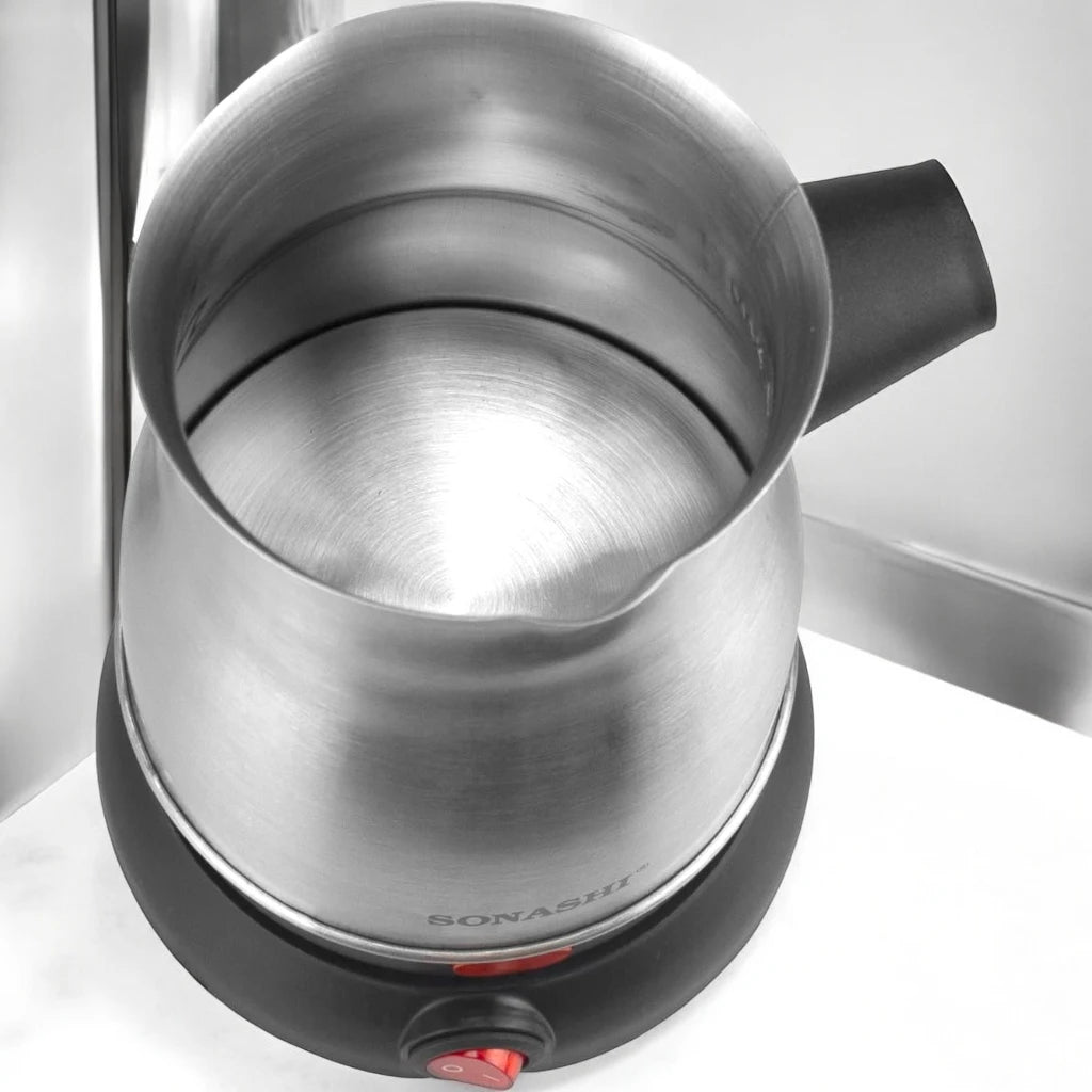 Sonashi Turkish Coffee Maker – 800ml Stainless Steel Pot, 360° Cordless Base, Detachable Handle, Auto Shut-Off, Boil-Dry Protection - STCM-4972 - Damoo