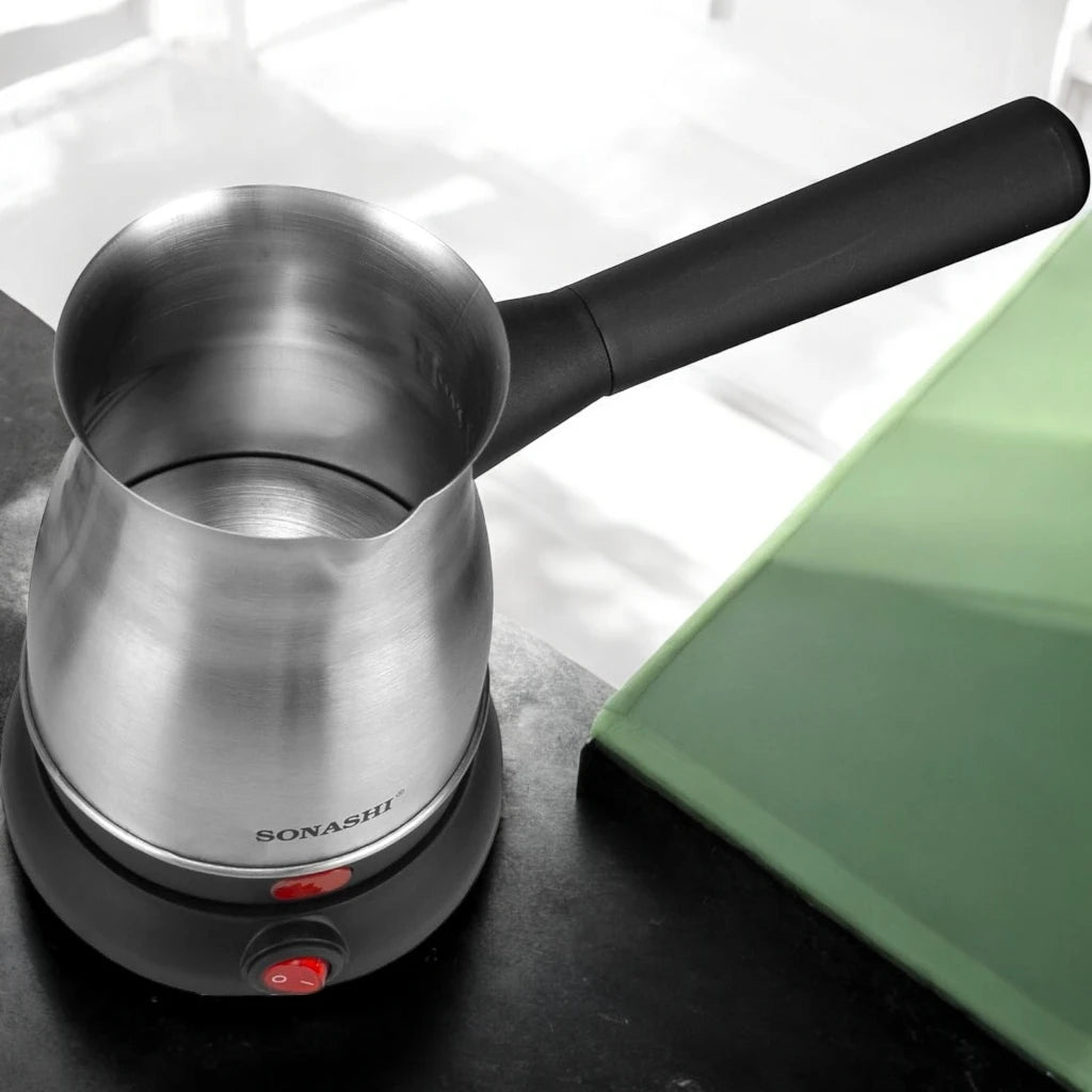 Sonashi Turkish Coffee Maker – 800ml Stainless Steel Pot, 360° Cordless Base, Detachable Handle, Auto Shut-Off, Boil-Dry Protection - STCM-4972 - Damoo