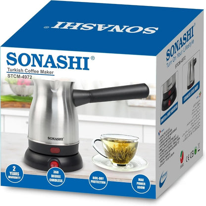 Sonashi Turkish Coffee Maker – 800ml Stainless Steel Pot, 360° Cordless Base, Detachable Handle, Auto Shut-Off, Boil-Dry Protection - STCM-4972 - Damoo