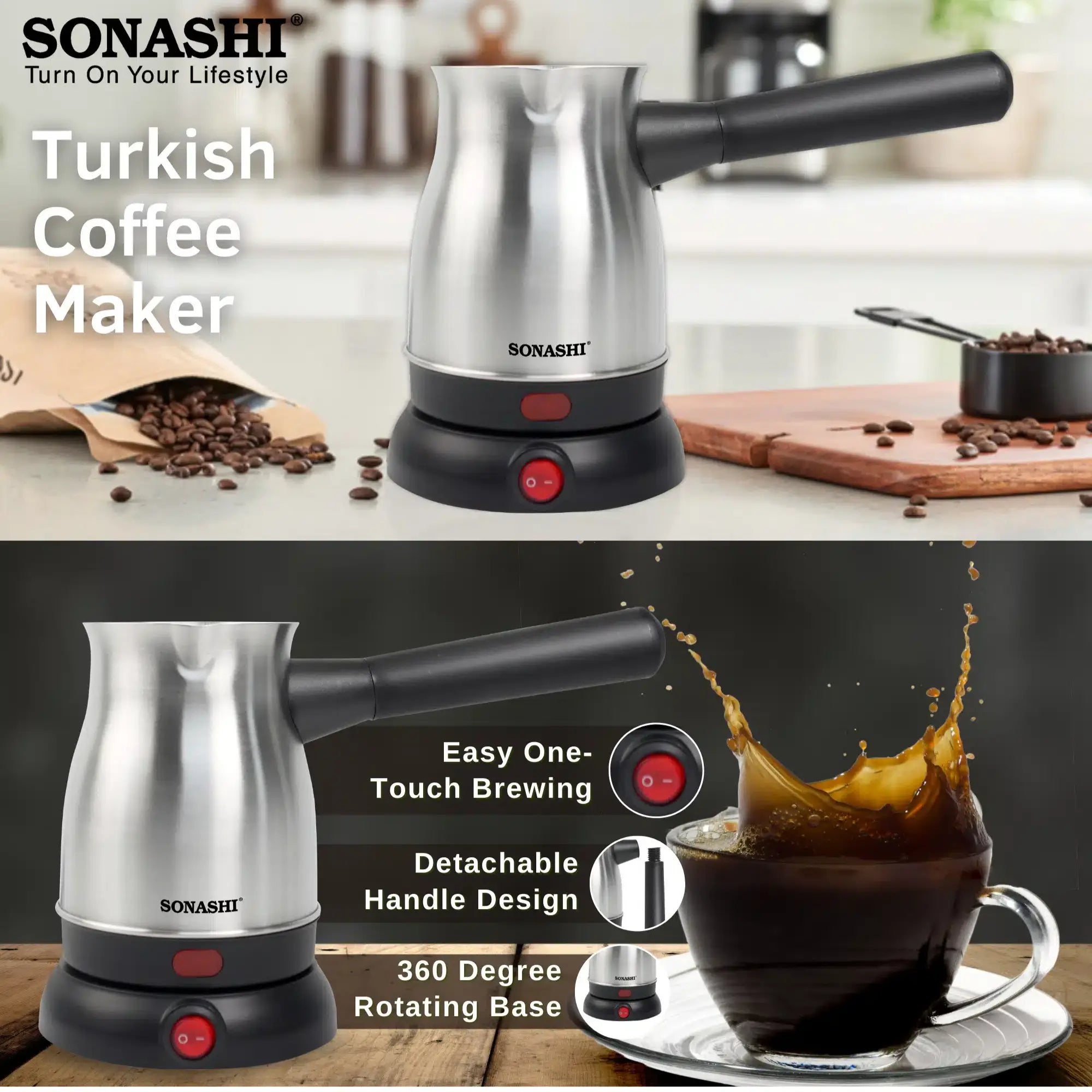 Sonashi Turkish Coffee Maker – 800ml Stainless Steel Pot, 360° Cordless Base, Detachable Handle, Auto Shut-Off, Boil-Dry Protection - STCM-4972 - Damoo