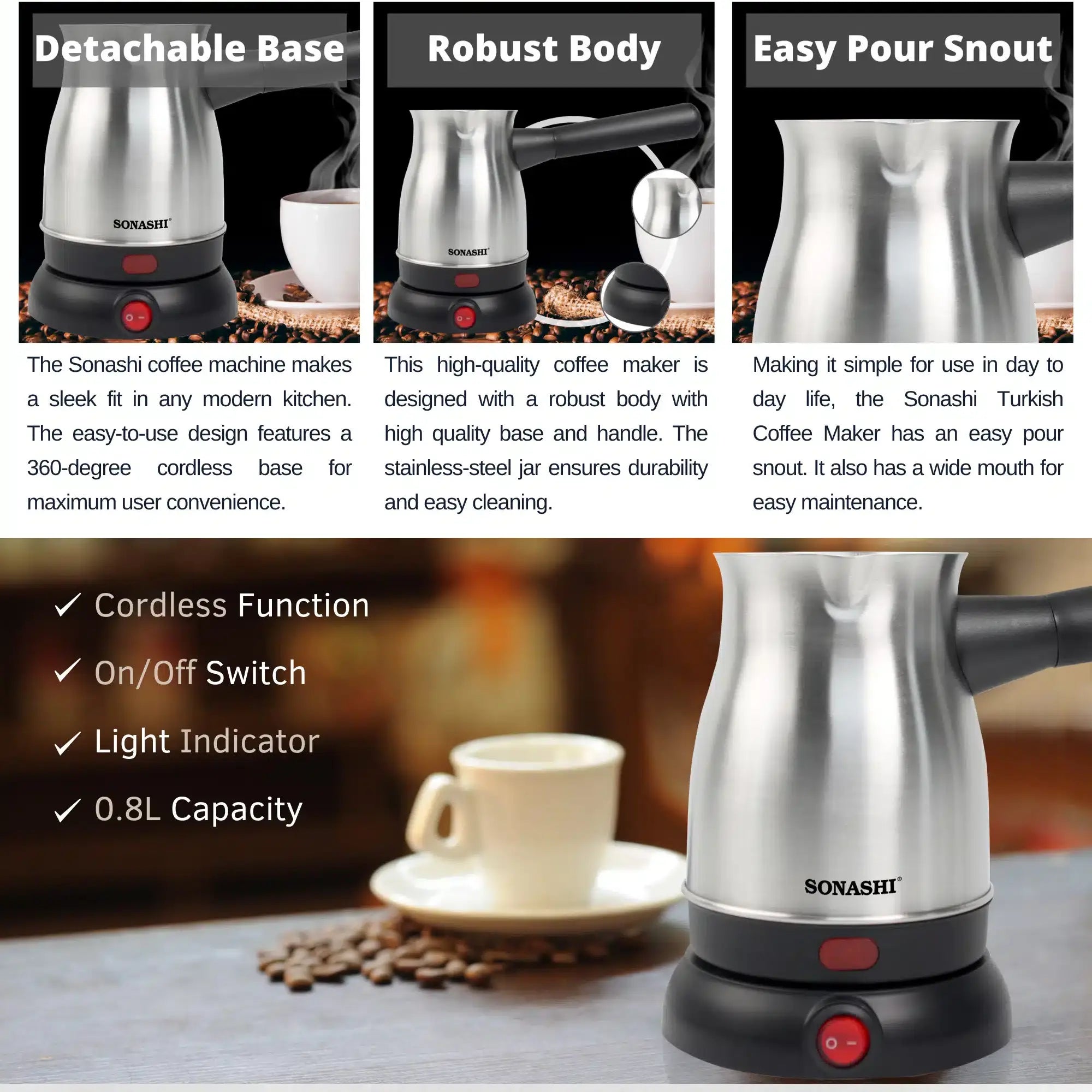 Sonashi Turkish Coffee Maker – 800ml Stainless Steel Pot, 360° Cordless Base, Detachable Handle, Auto Shut-Off, Boil-Dry Protection - STCM-4972 - Damoo