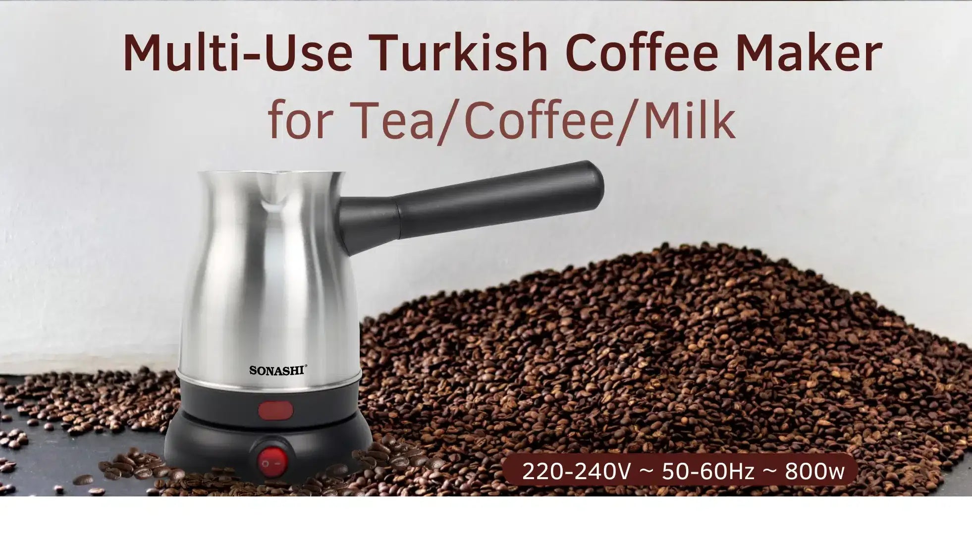 Sonashi Turkish Coffee Maker – 800ml Stainless Steel Pot, 360° Cordless Base, Detachable Handle, Auto Shut-Off, Boil-Dry Protection - STCM-4972 - Damoo