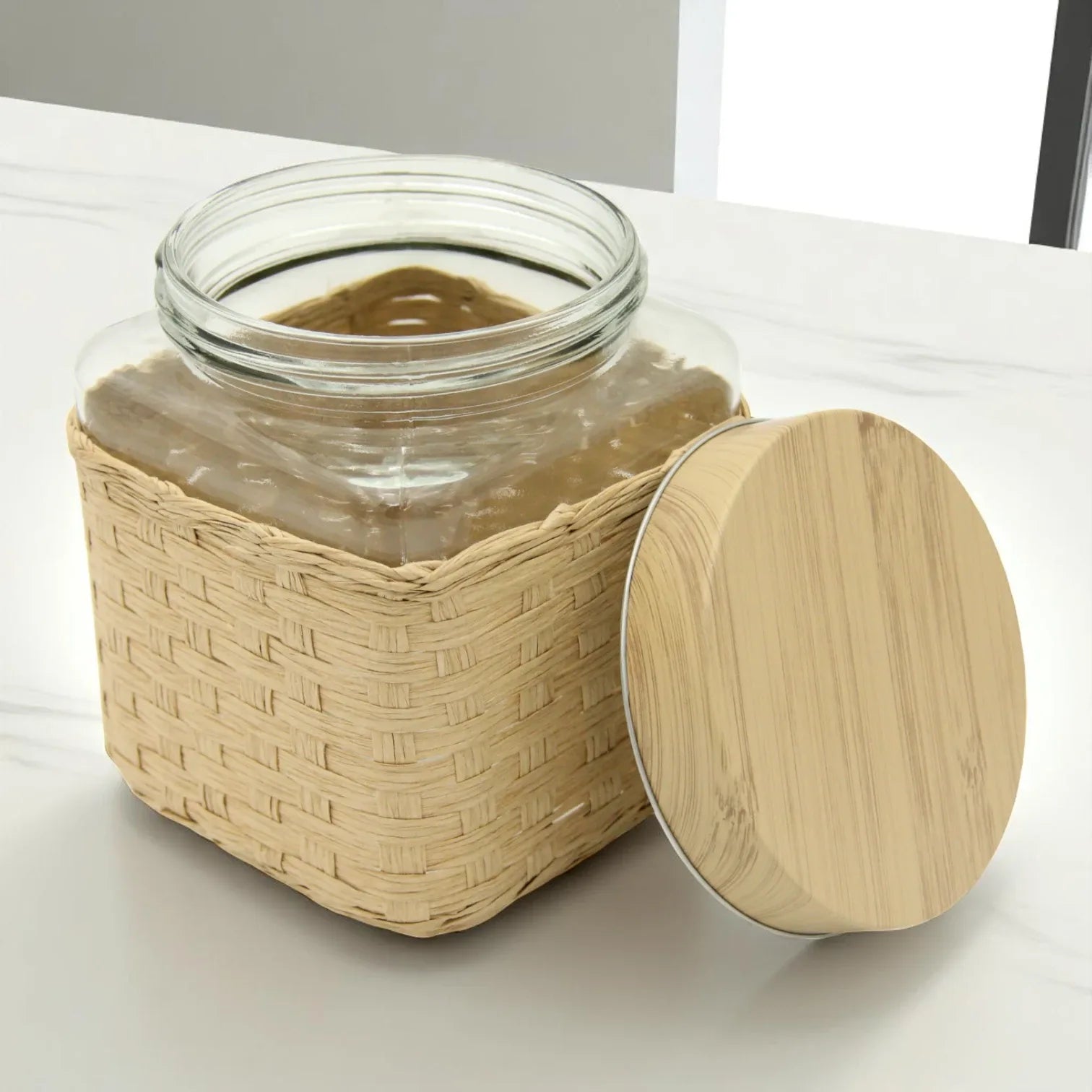 Square Glass Storage Jar with Bamboo Lid & Woven Wicker Cover – Eco-Friendly Kitchen Organizer for Dry Foods, Spices & More (Airtight Seal) - Damoo