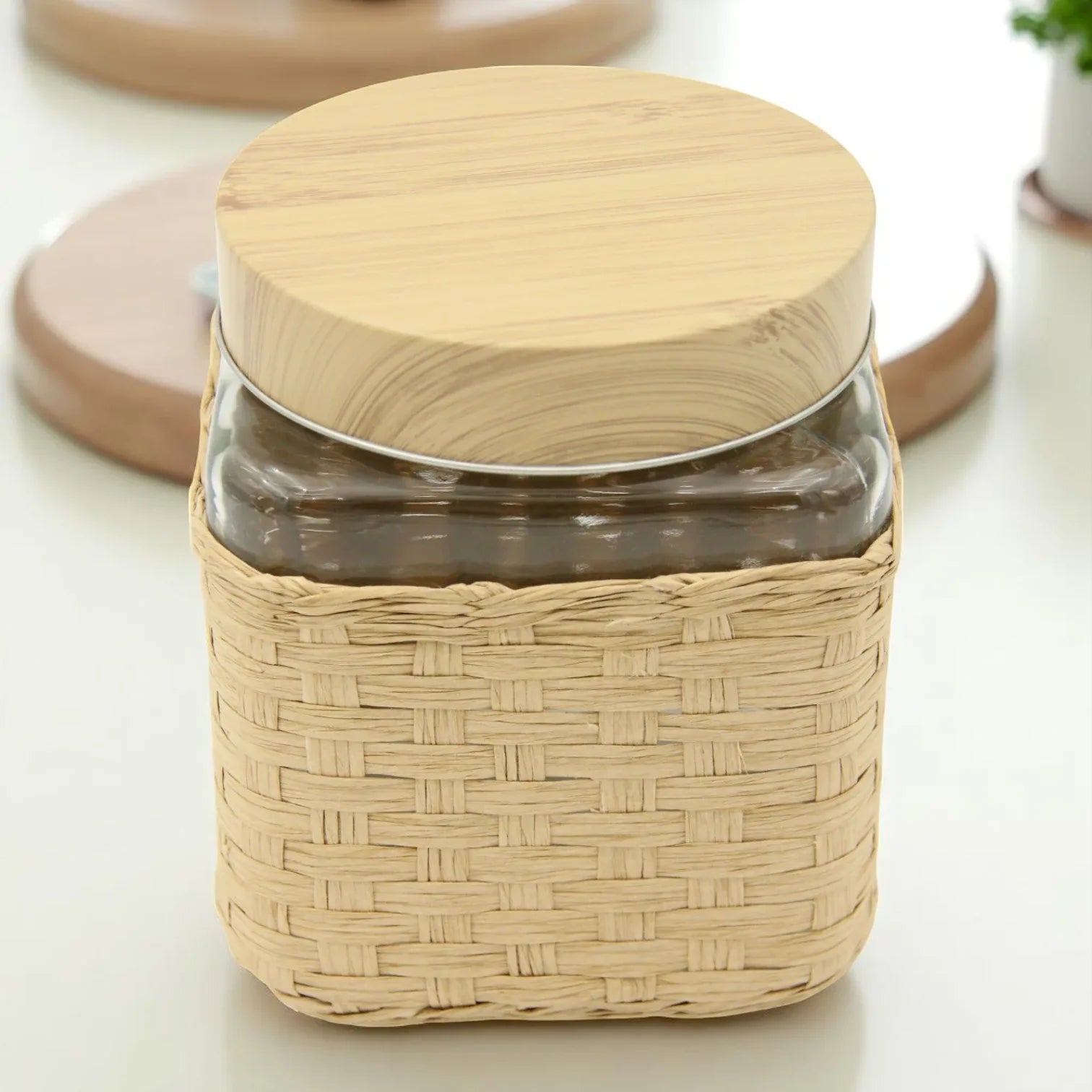 Square Glass Storage Jar with Bamboo Lid & Woven Wicker Cover – Eco-Friendly Kitchen Organizer for Dry Foods, Spices & More (Airtight Seal) - Damoo