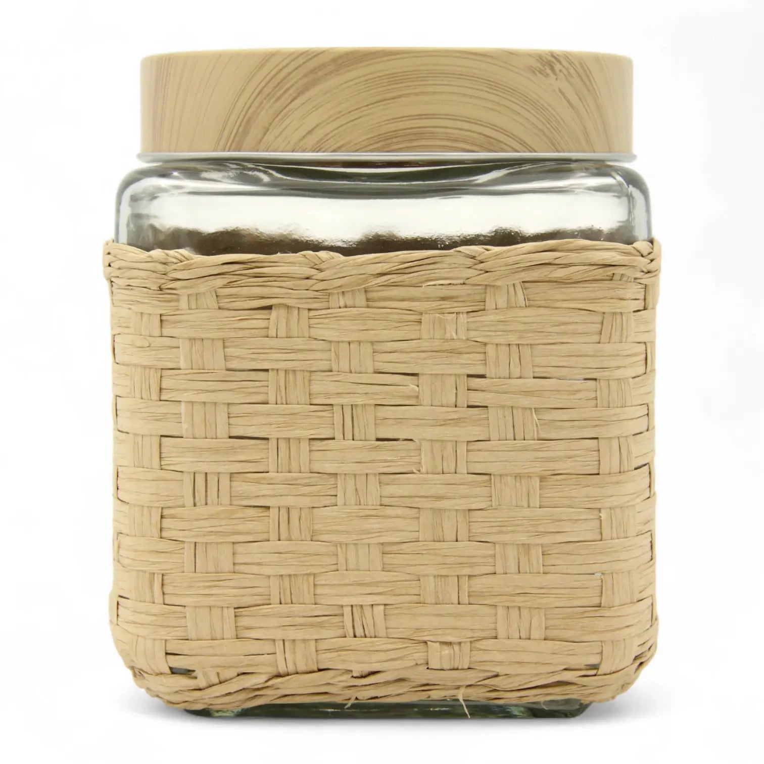 Square Glass Storage Jar with Bamboo Lid & Woven Wicker Cover – Eco-Friendly Kitchen Organizer for Dry Foods, Spices & More (Airtight Seal) - Damoo
