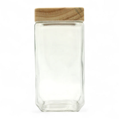 Square Glass Storage Jar with Natural Wooden Lid – Airtight Kitchen Container for Pantry, Herbs, Spices & More - Damoo