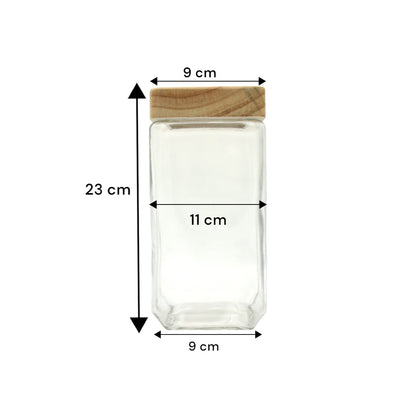 Square Glass Storage Jar with Natural Wooden Lid – Airtight Kitchen Container for Pantry, Herbs, Spices & More - Damoo