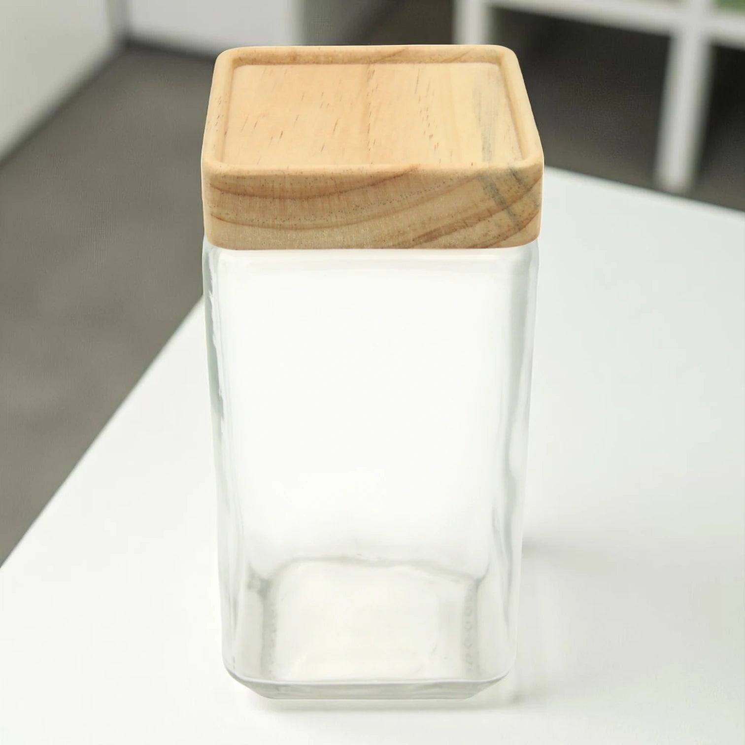 Square Glass Storage Jar with Natural Wooden Lid – Airtight Kitchen Container for Pantry, Herbs, Spices & More - Damoo