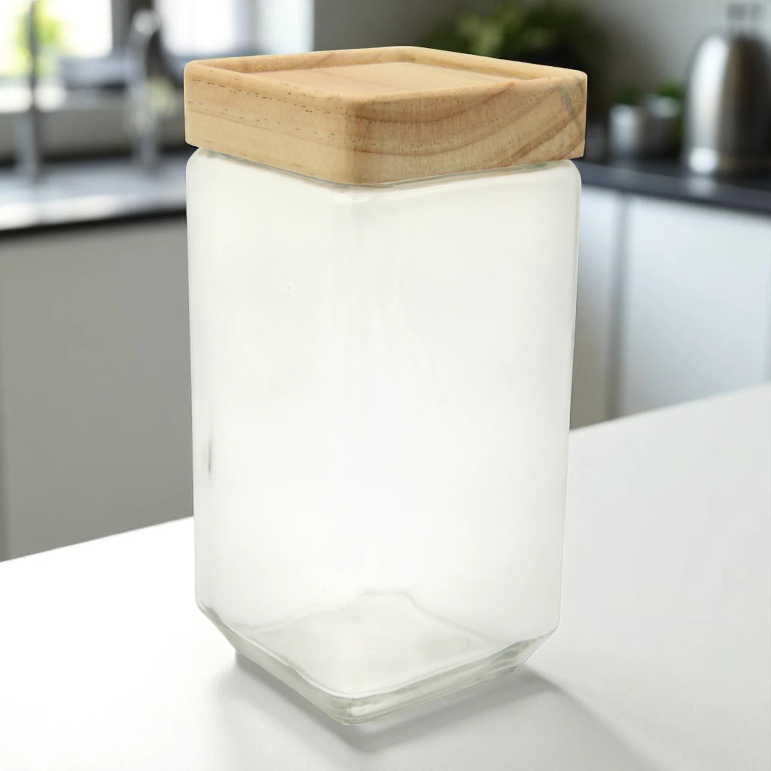 Square Glass Storage Jar with Natural Wooden Lid – Airtight Kitchen Container for Pantry, Herbs, Spices & More - Damoo