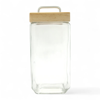 Square Glass Storage Jar with Wooden Lid & Metal Handle – Airtight Kitchen Container for Pantry, Spices, Snacks, and More - Damoo