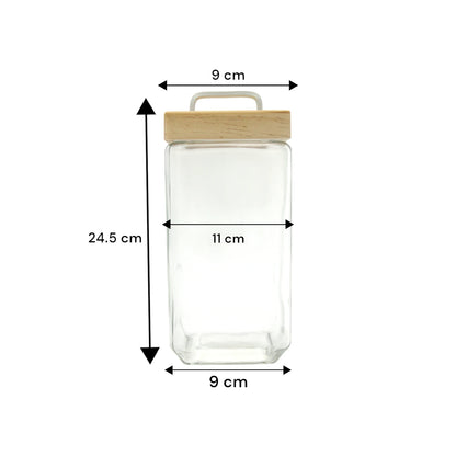 Square Glass Storage Jar with Wooden Lid & Metal Handle – Airtight Kitchen Container for Pantry, Spices, Snacks, and More - Damoo