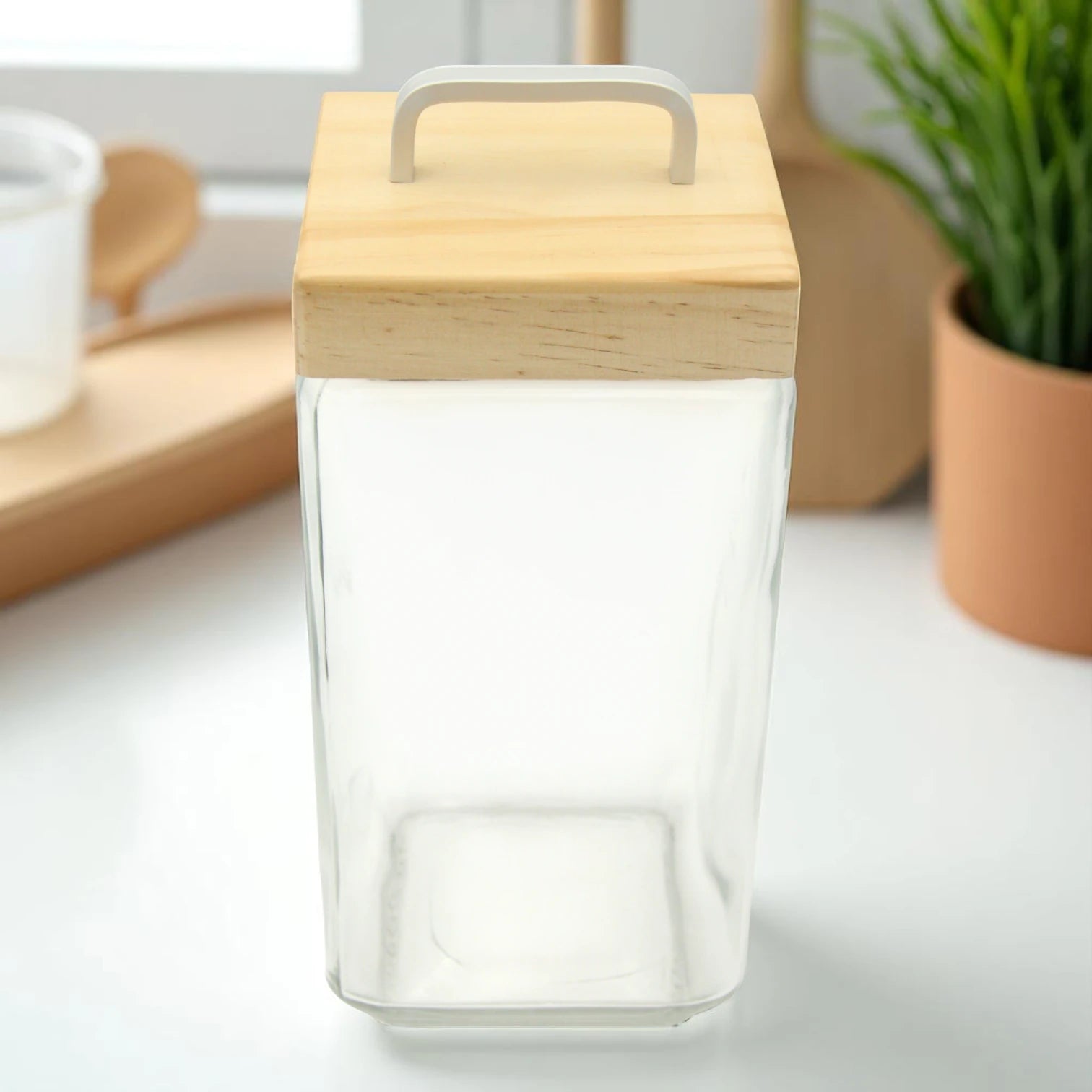 Square Glass Storage Jar with Wooden Lid & Metal Handle – Airtight Kitchen Container for Pantry, Spices, Snacks, and More - Damoo
