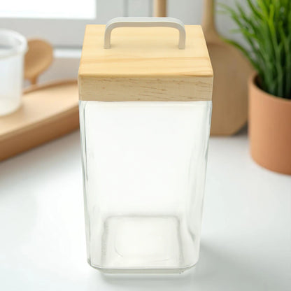 Square Glass Storage Jar with Wooden Lid & Metal Handle – Airtight Kitchen Container for Pantry, Spices, Snacks, and More - Damoo