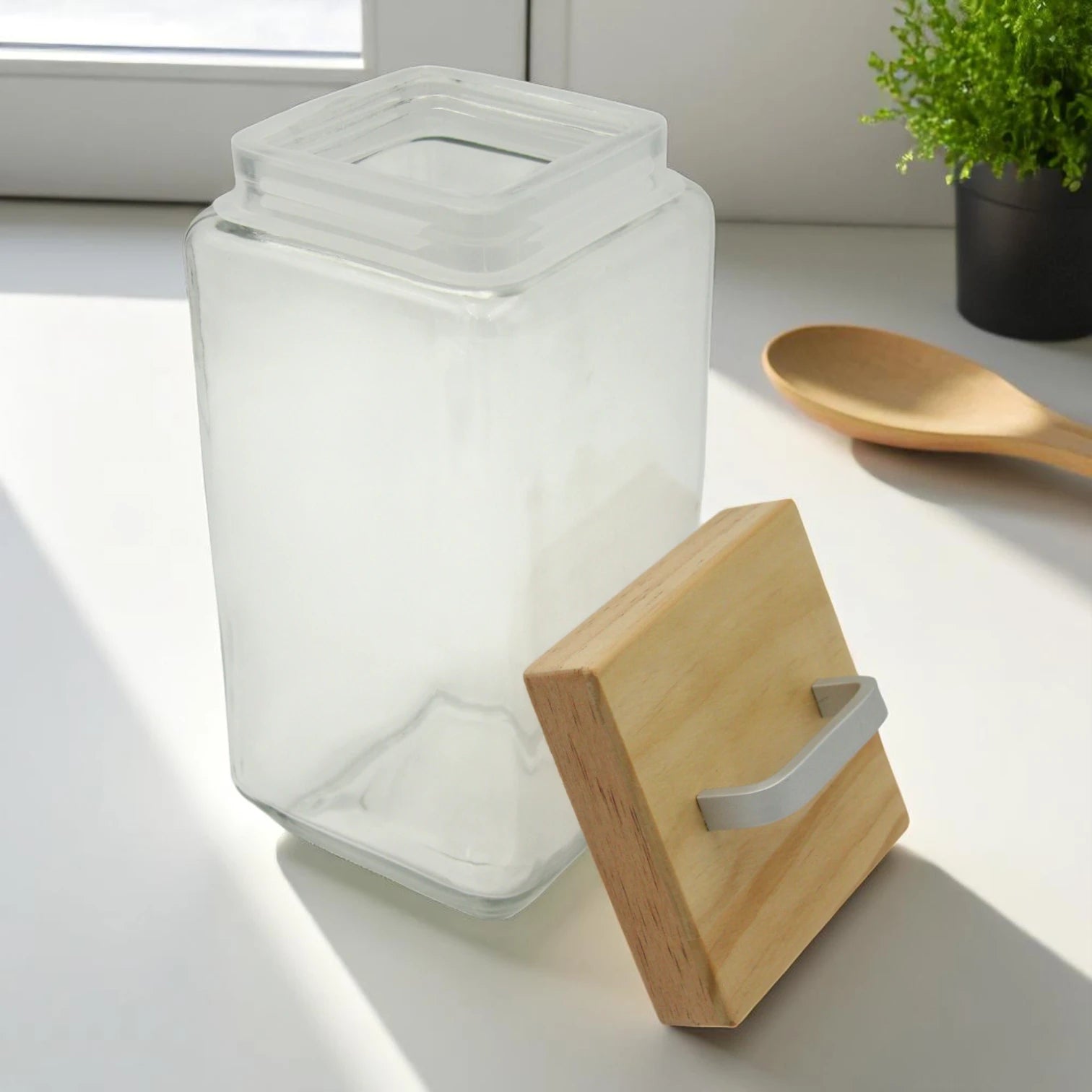 Square Glass Storage Jar with Wooden Lid & Metal Handle – Airtight Kitchen Container for Pantry, Spices, Snacks, and More - Damoo
