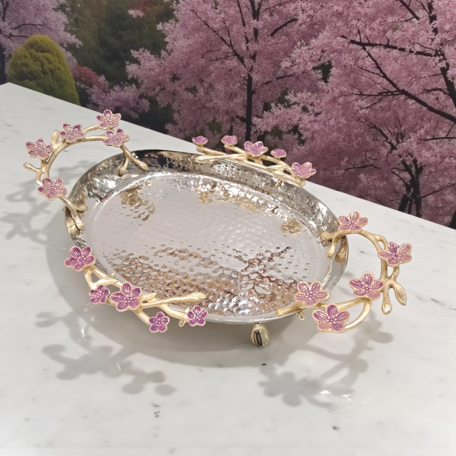 Elongated Hammered Oval Tray with Pink Floral Accents – Stainless Steel & Brass Decorative Serving Platter | Elegant Food-Safe Table Centerpiece - Damoo