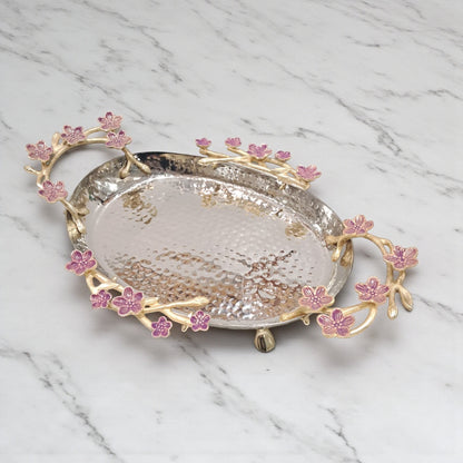 Elongated Hammered Oval Tray with Pink Floral Accents – Stainless Steel & Brass Decorative Serving Platter | Elegant Food-Safe Table Centerpiece - Damoo