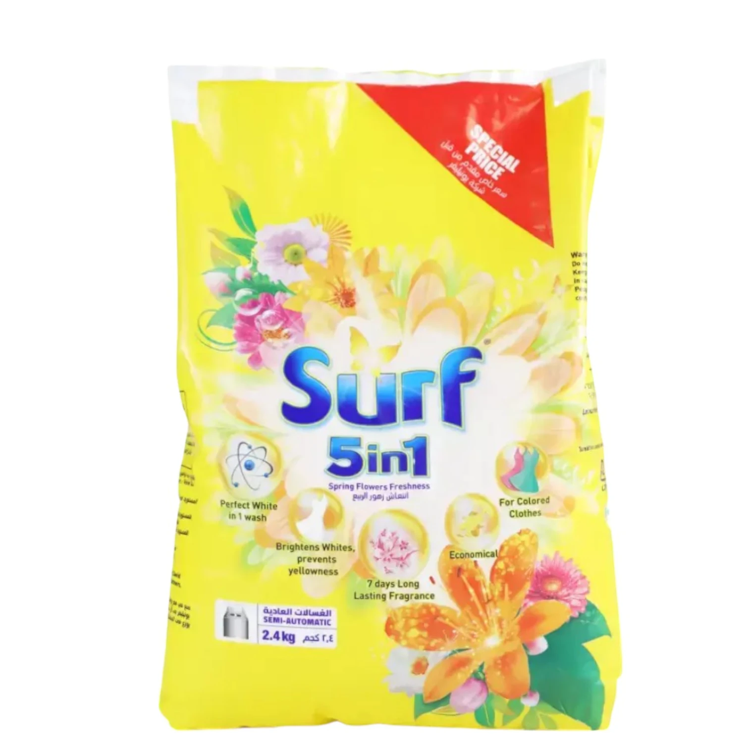 Surf 5in1 Spring Flowers Freshness Laundry Detergent Powder 2.4Kg – Bright Whites, Long Lasting Fragrance, Anti-Yellowing for Semi-Automatic Machines - Damoo