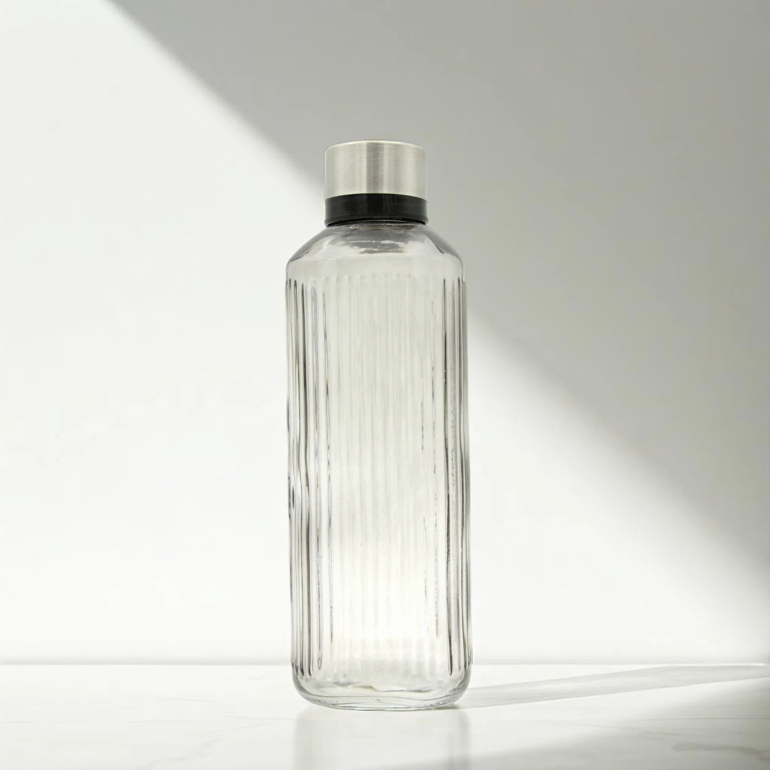 Tall Ribbed Glass Bottle with Stainless Steel Cap – Clear Water or Juice Bottle | Stylish Refillable Bottle for Kitchen, Office, or Table Use - Damoo