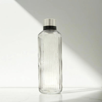 Tall Ribbed Glass Bottle with Stainless Steel Cap – Clear Water or Juice Bottle | Stylish Refillable Bottle for Kitchen, Office, or Table Use - Damoo
