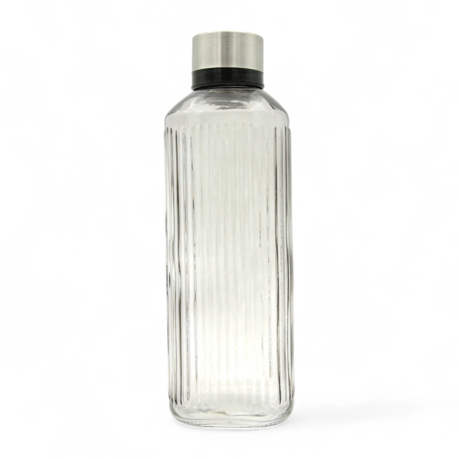 Tall Ribbed Glass Bottle with Stainless Steel Cap – Clear Water or Juice Bottle | Stylish Refillable Bottle for Kitchen, Office, or Table Use - Damoo
