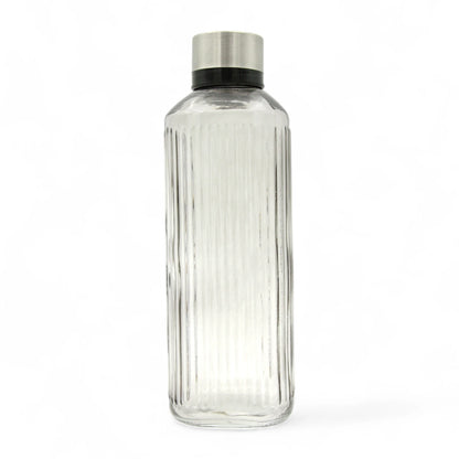 Tall Ribbed Glass Bottle with Stainless Steel Cap – Clear Water or Juice Bottle | Stylish Refillable Bottle for Kitchen, Office, or Table Use - Damoo
