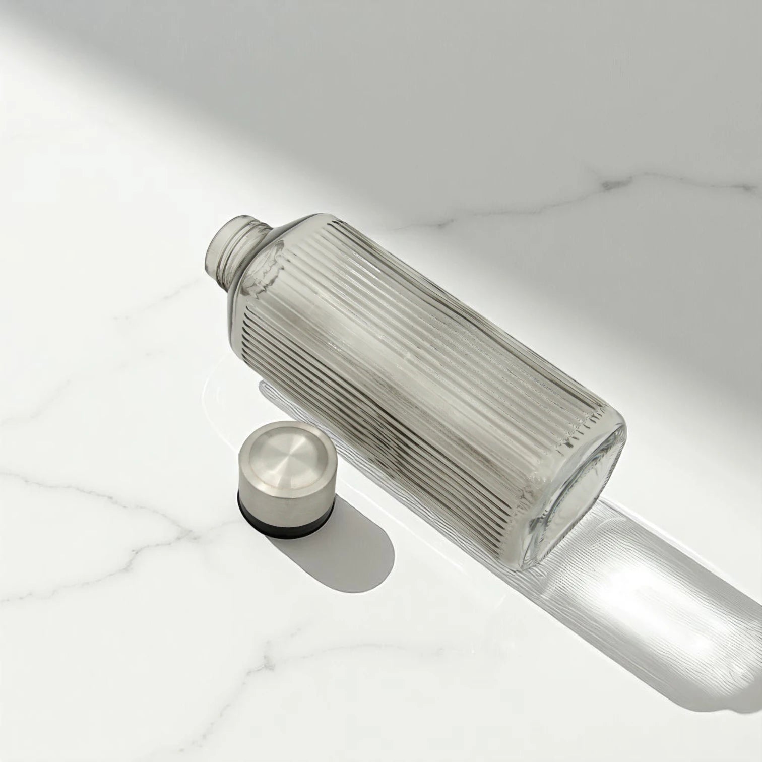 Tall Ribbed Glass Bottle with Stainless Steel Cap – Clear Water or Juice Bottle | Stylish Refillable Bottle for Kitchen, Office, or Table Use - Damoo